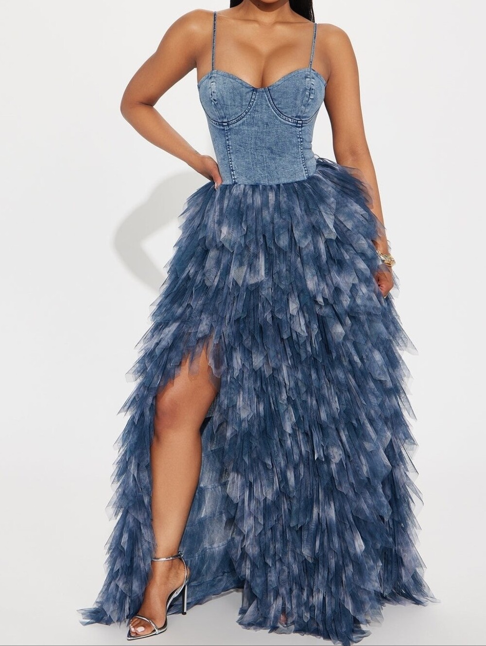 Denim-Style Blue Tulle Corset Gown